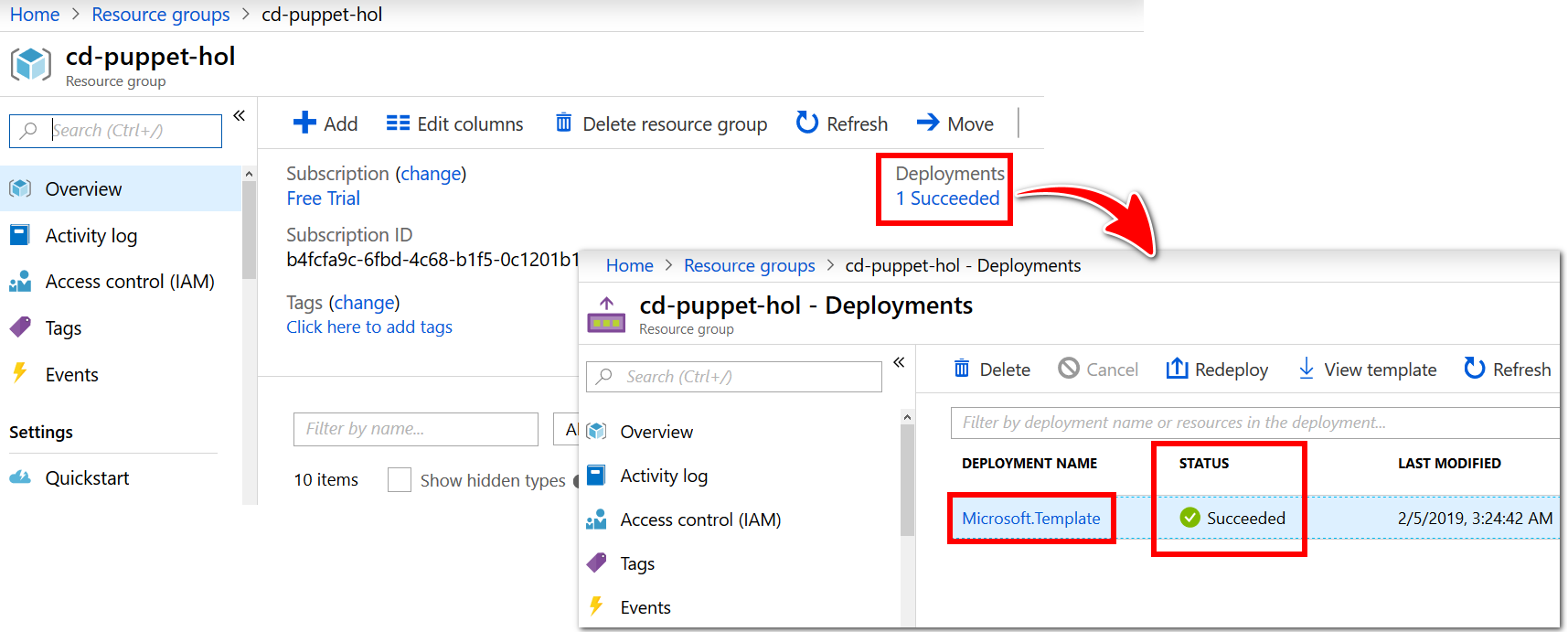 Screenshot of the Resource Group Overview and Deployments panes in Azure Portal. The deployment succeeded message for the cd-puppet-hol Resource Group is highlighted to illustrate how to access the Deployments pane from the Resource Group Overview pane in Azure Portal. In the Deployments pane, the Deployment Status for the Microsoft.Template resource is set at succeeded and is highlighted to illustrate how to verify the success of the Puppet ARM template deployment. In the Deployments pane, the Deployment Name for the Microsoft.Template resource is also highlighted to illustrate how to access the Microsoft.Template resource from inside the Deployments pane.